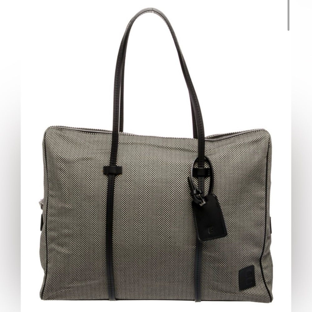 BALLY Vintage Rare Micro Check Black/White Canvas W/ Leather Trim Tote Handbag